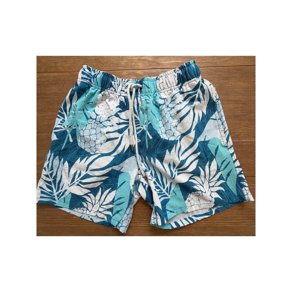 Vintage Summer Tropical Pineapple Swim Trunks Men’s Small Blue Hawaiian Beach